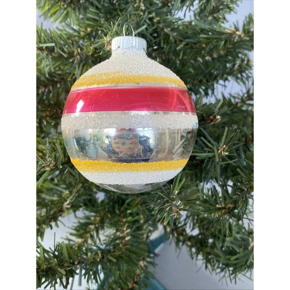 Vintage Christmas Shiny Brite Mica Striped Glass Ornament Ball Red Blue Yellow